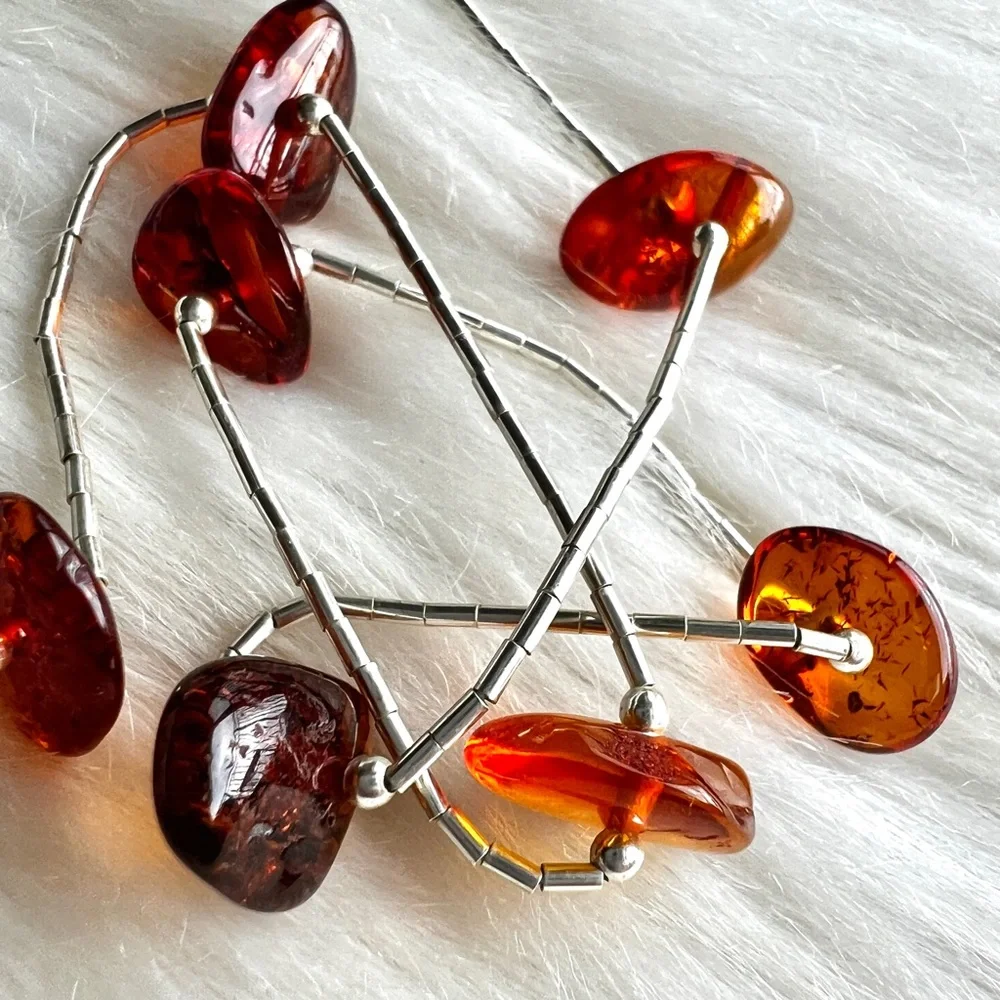 Vintage AMBER & STERLING SILVER Southwestern Necklace • Bohemian Retro Western